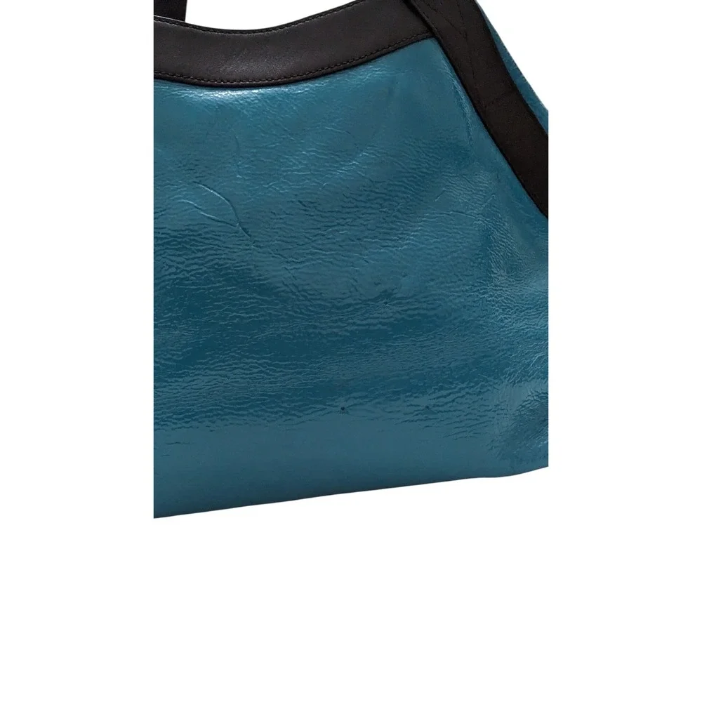 Kate Spade New York Teal Blue Crinkled Patent Leather‎ Brown Trim Tote Bag